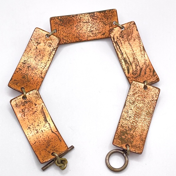 Marco Signed Vintage Copper Ruby Red Enamel Rectangle Link Bracelet 7" - Picture 5 of 12